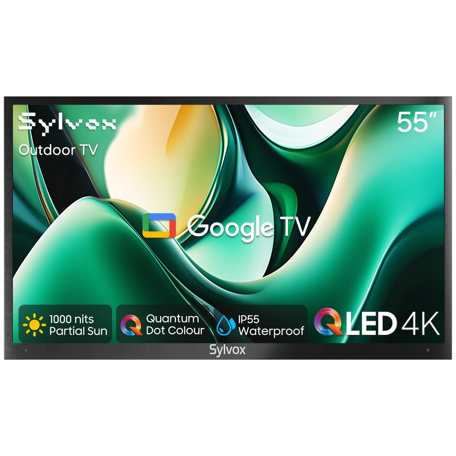 SYLVOX Outdoor TV, 55 Inch 4K QLED Smart TV - Quantum Dot Colour, Dolby Atmos, IP55 Waterproof 1000 Nit Brightness Outdoor Television for Partial Sun, Garden, Built-in Google Cast, Voice Remote(2024)