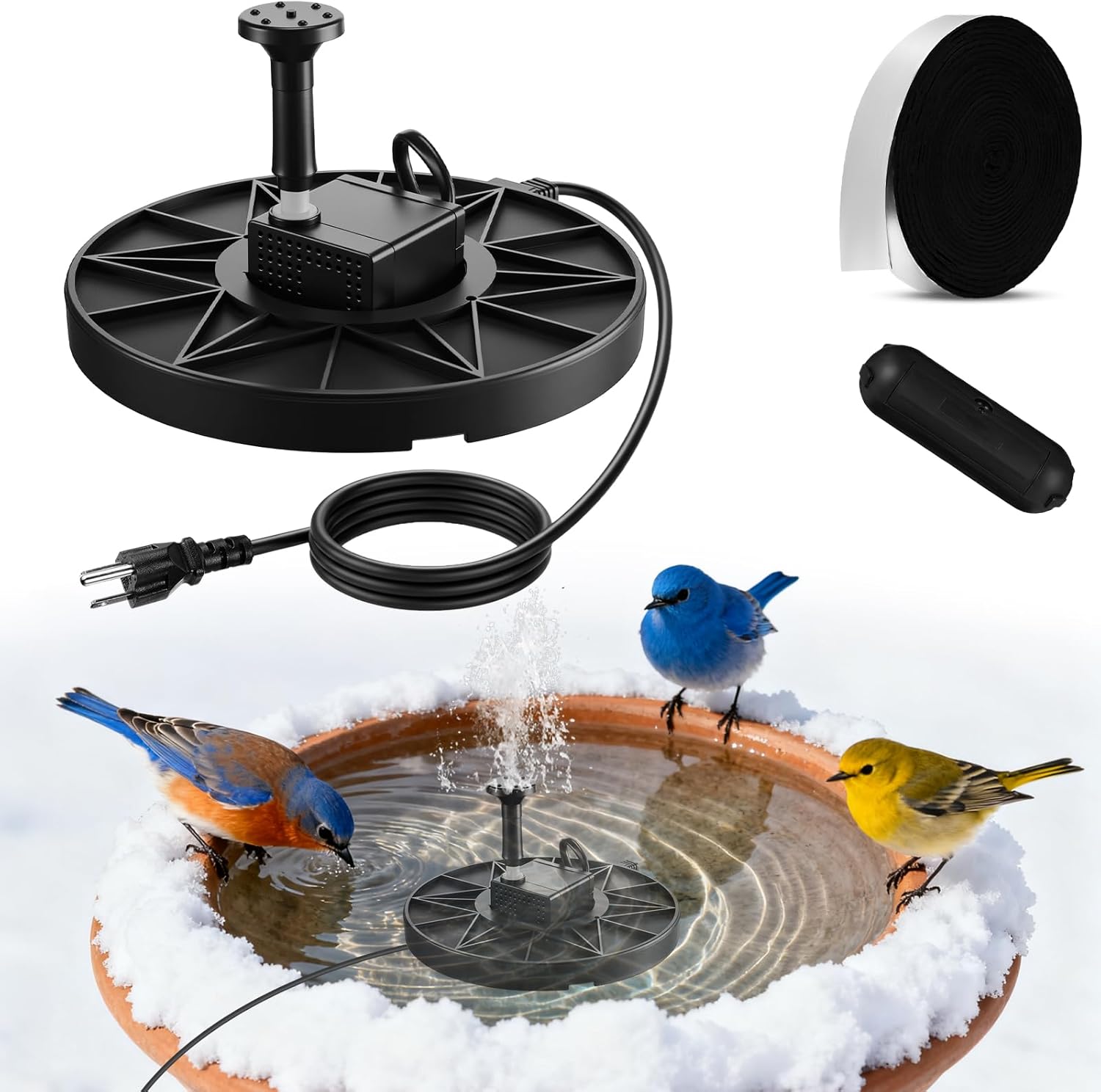 Relaxweex 3 Pcs Bird Bath Heater for Outdoor in Winter Submergible De icer and Pipe Insulation Tape Outdoor Extension Cord Cover for Chicken Bird Poultry Tank Drinking(70w,with Fountain Pump)