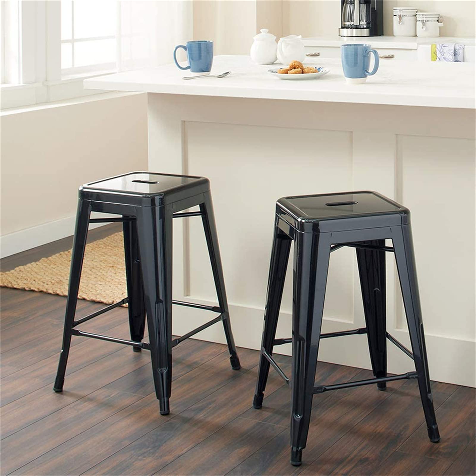 Baiyun Lot de 8 tabourets de bar en métal - En fer industriel - Empilables - Avec repose-pieds - Style rétro - Pour salle à manger, balcon, bistrot - 76 cm - Noir