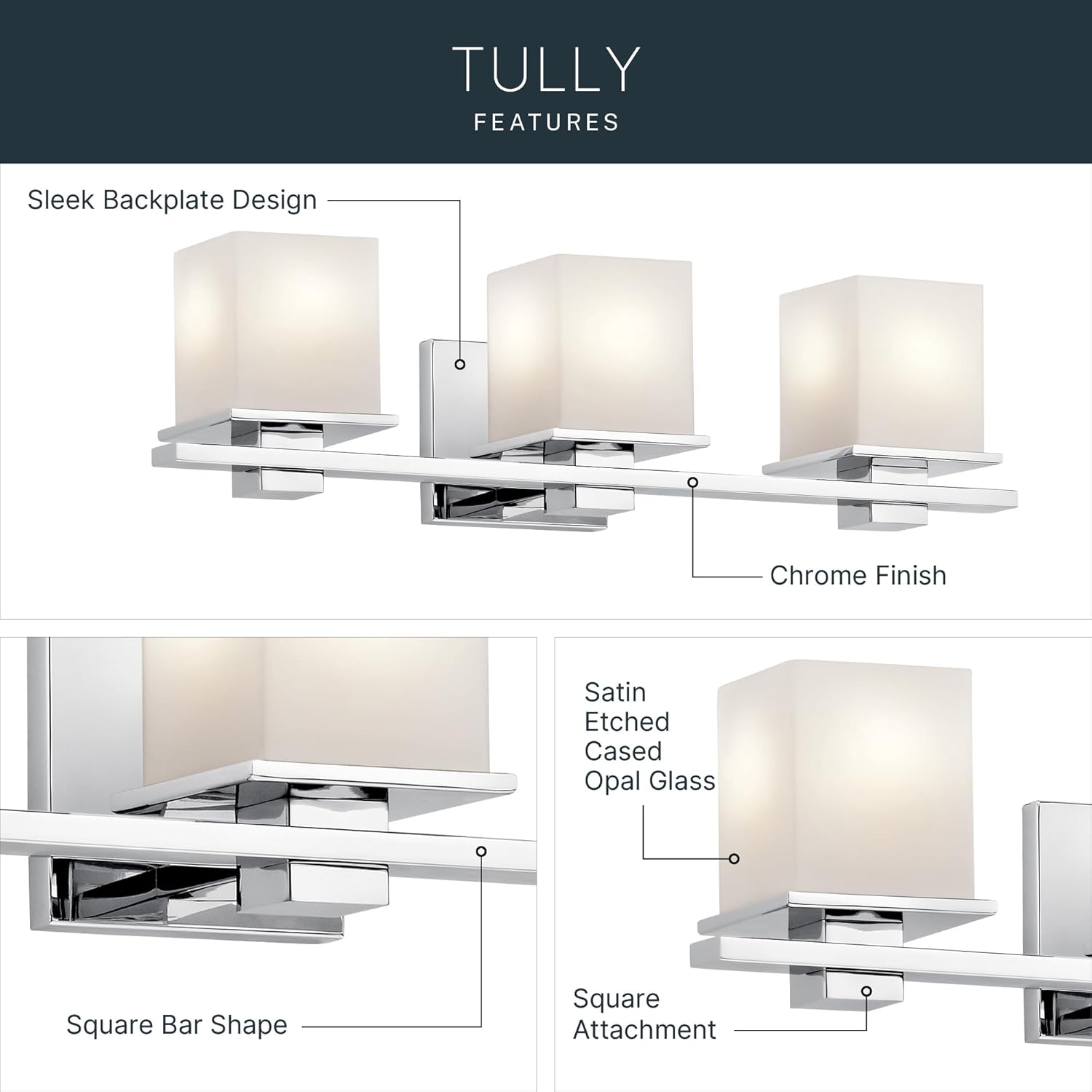 Kichler Tully 24" Vanity Light in Chrome, 3-Light Modern Bathroom Light with Satin Etched Cased Opal Glass, (24" W x 6.5" H), 45151CH