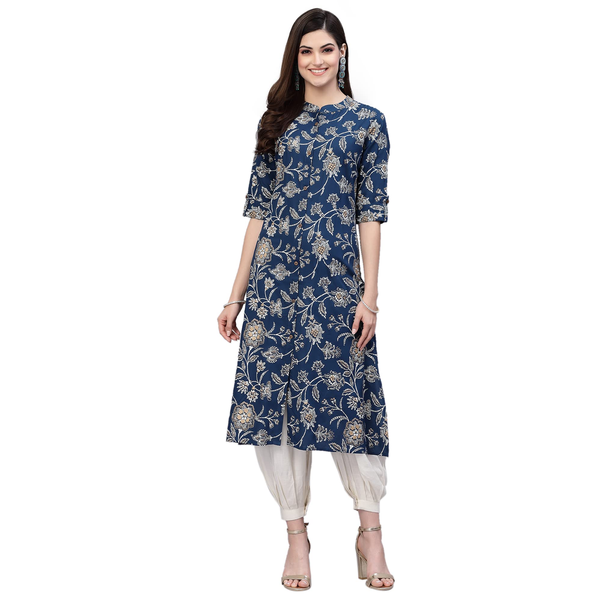 Stylum Women's Floral Print Rayon A-Line Kurta (Fionateal40_Teal Blue, L)