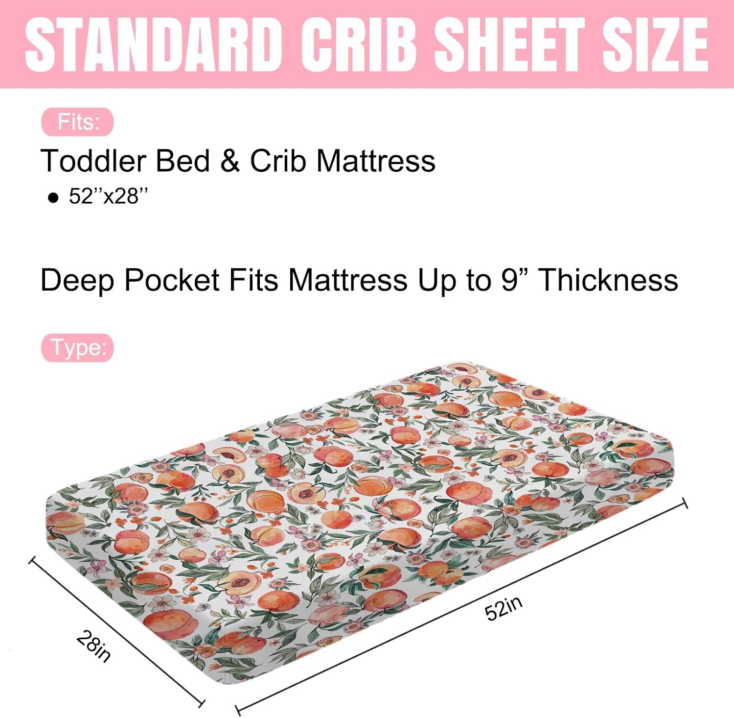Peach Baby Crib Sheet 52''x28'' Vintage Peach Fruit Floral Leaves Stretchy Fitted Crib Mattress Covers for Boy Girl Summer Soft Baby Nursery Bed Sheets for Standard Crib and Toddler Mattresses