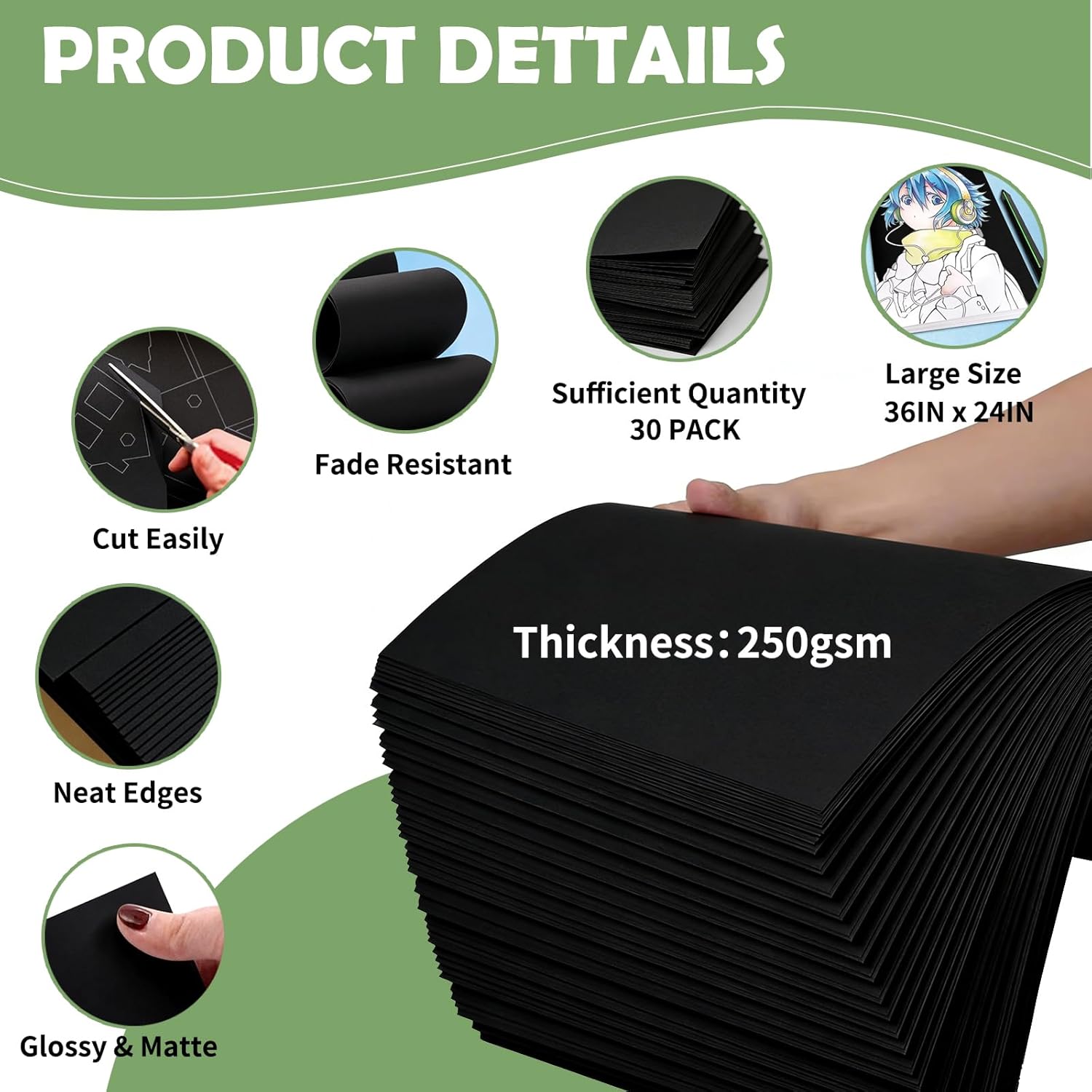 24x36 inches Poster Paper Set of 30, Black Large Poster Board, Blank Display Boards, Heavyweight Poster Paper Bulk for School, Office & Craft Projects