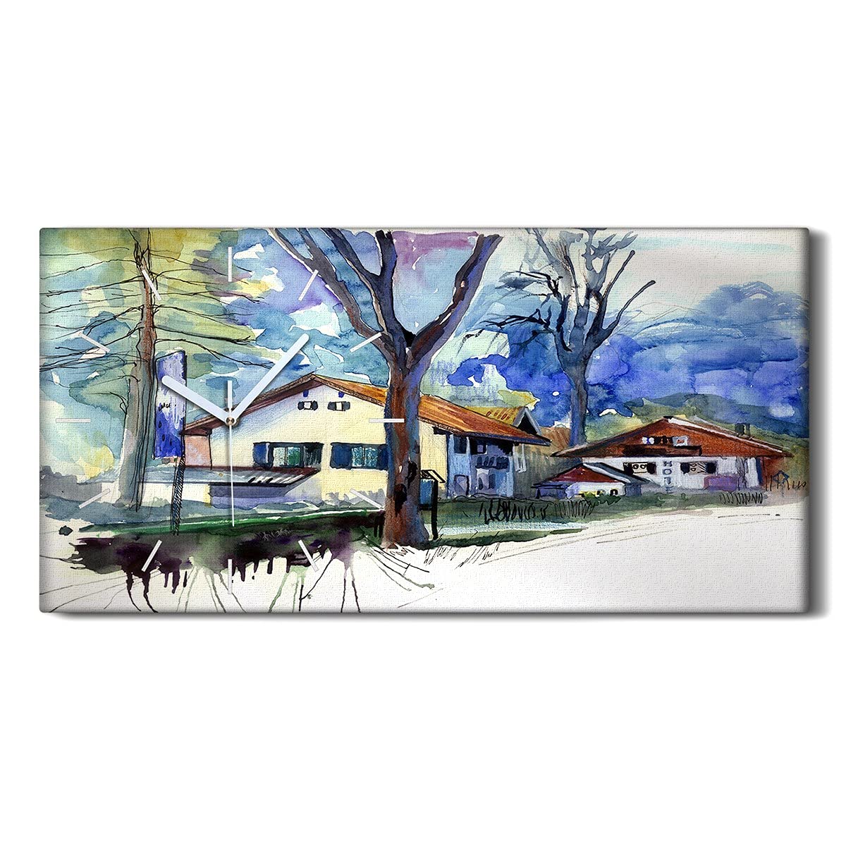 Horloge sur toile silencieuse art moderne image aquarelle 60x30cm