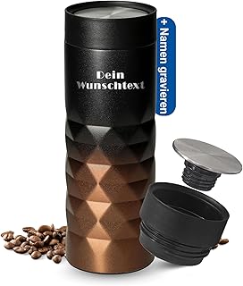 Thermobecher personalisiert 450 ml - auslaufsicherer Edelstahl to go Becher - hält mehrere Stunden heiß & kalt - Kaffeebecher to go mit Push-Deckel für Büro, Auto und Uni, Farbe:schwarz/kupfer