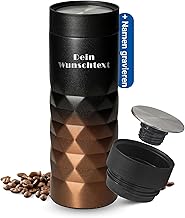 Personalised Thermal Mug, 450 ml, Leak-Proof Stainless Steel to Go Mug, Keeps Hot and Cold for Several Hours, Coffee Mug to Go with Push Lid for Office, Car and University, Colour: Black/Copper