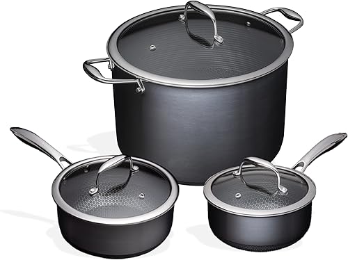 HexClad Juego de utensilios de cocina híbridos de acero inoxidable de 6 piezas ollas antiadherentes de 2 3 y 10 cuartos de galón fácil de limpiar