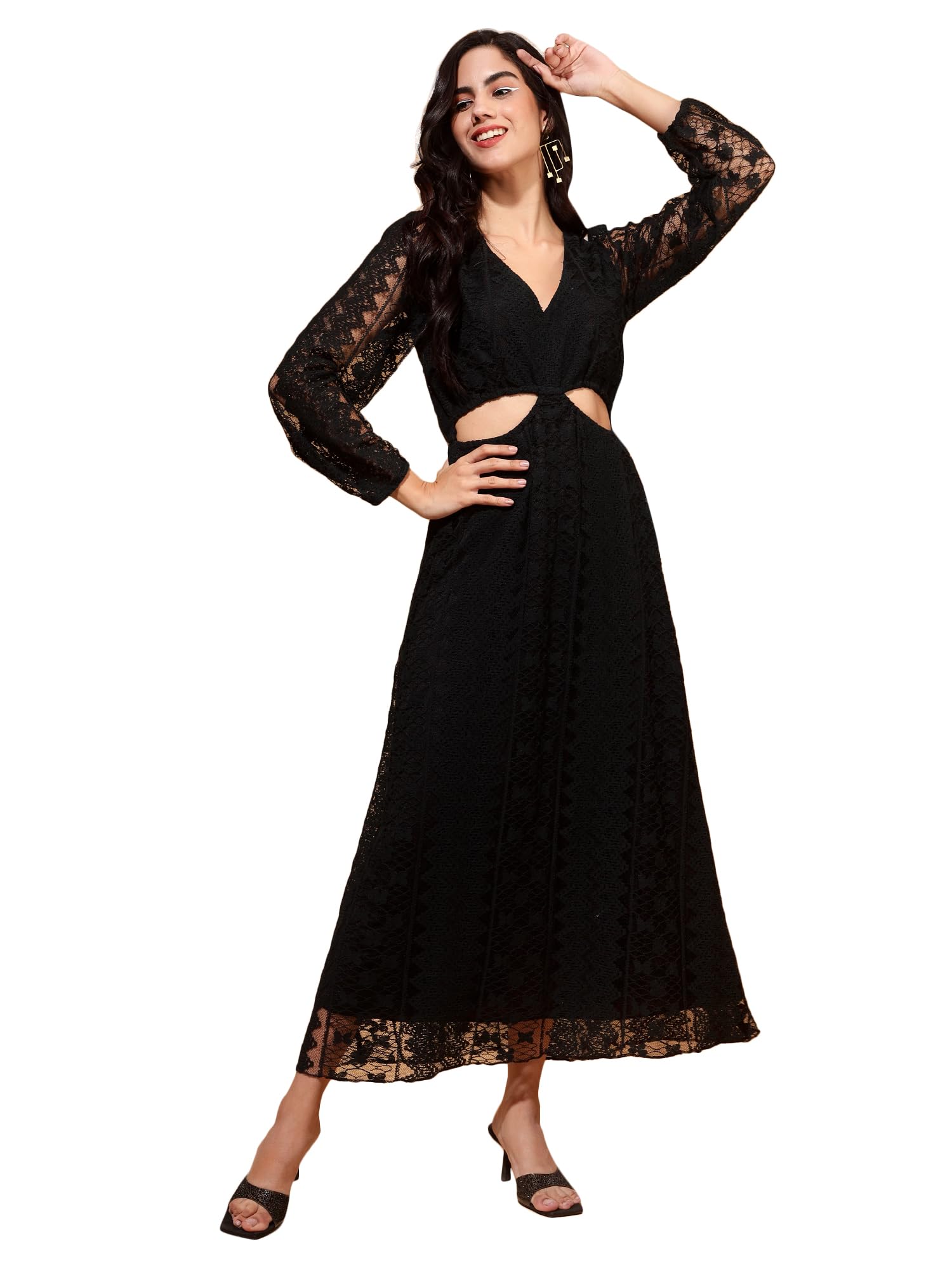 DRAPE AND DAZZLECut Out Net Long Dress with Sleeve | V Neck Dress | Latest Stylish Dress Dress for Women