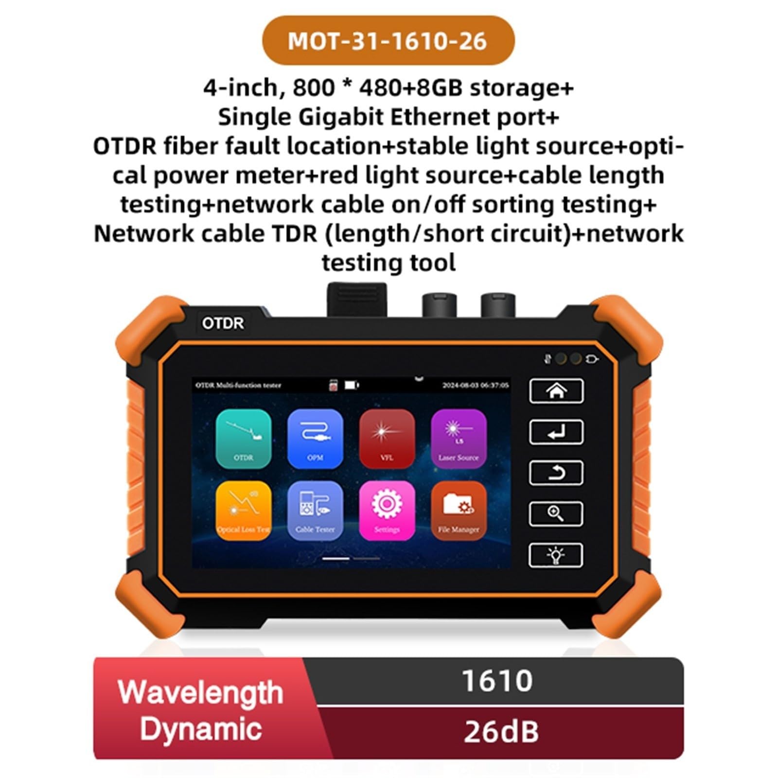 Tester per fibra ottica, Riflettometro nel dominio del tempo ottico OPM VFL touch screen da 4 pollici OLED OTDR(1610-26)