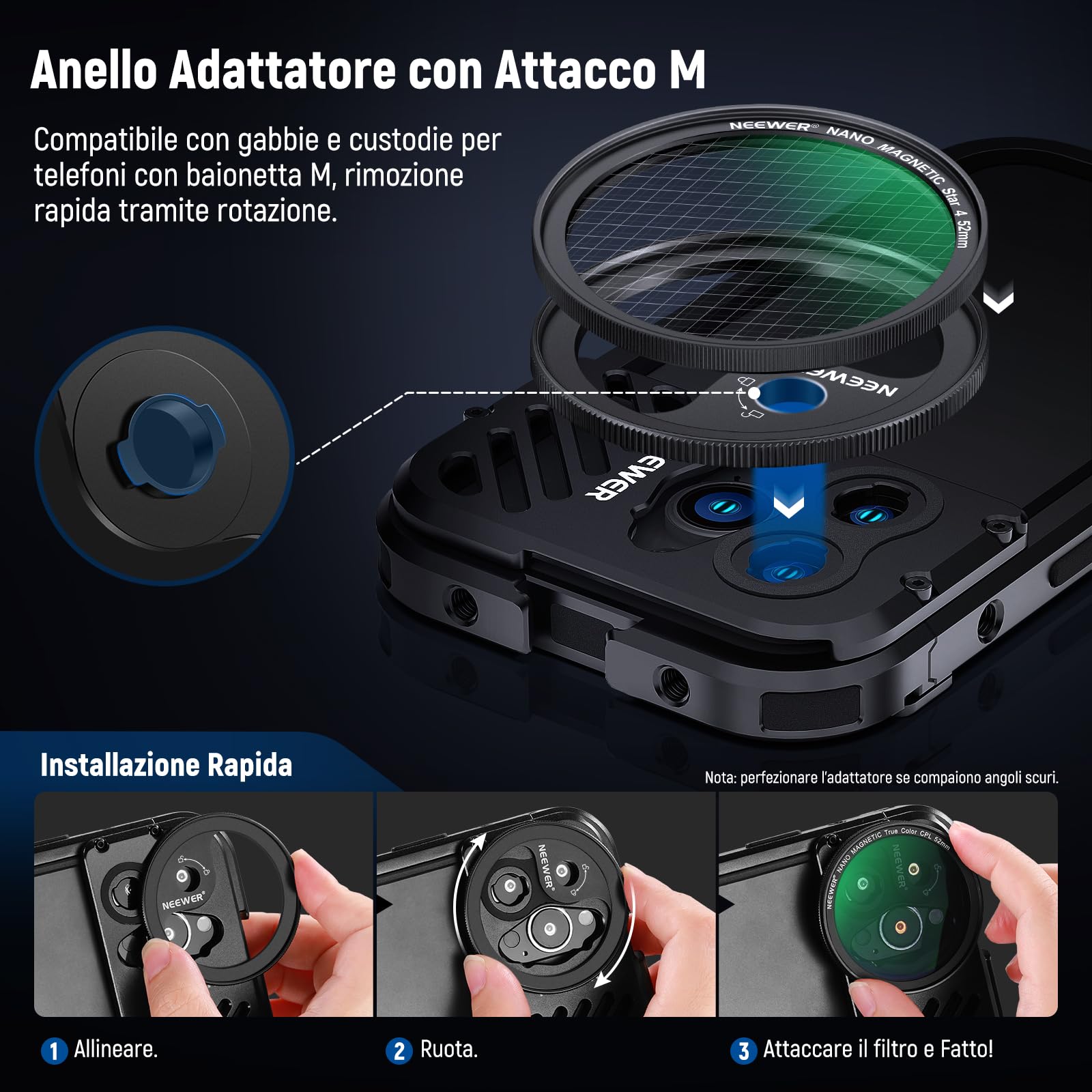 NEEWER 52mm Kit Filtro Magnetico con Anello Adattatore/Stella a 4 Punte/True Color CPL/Black Diffusion 1/4 Compatibile con SmallRig NEEWER Gabbia per Telefono con Attacco M per iPhone 14 13 12 serie