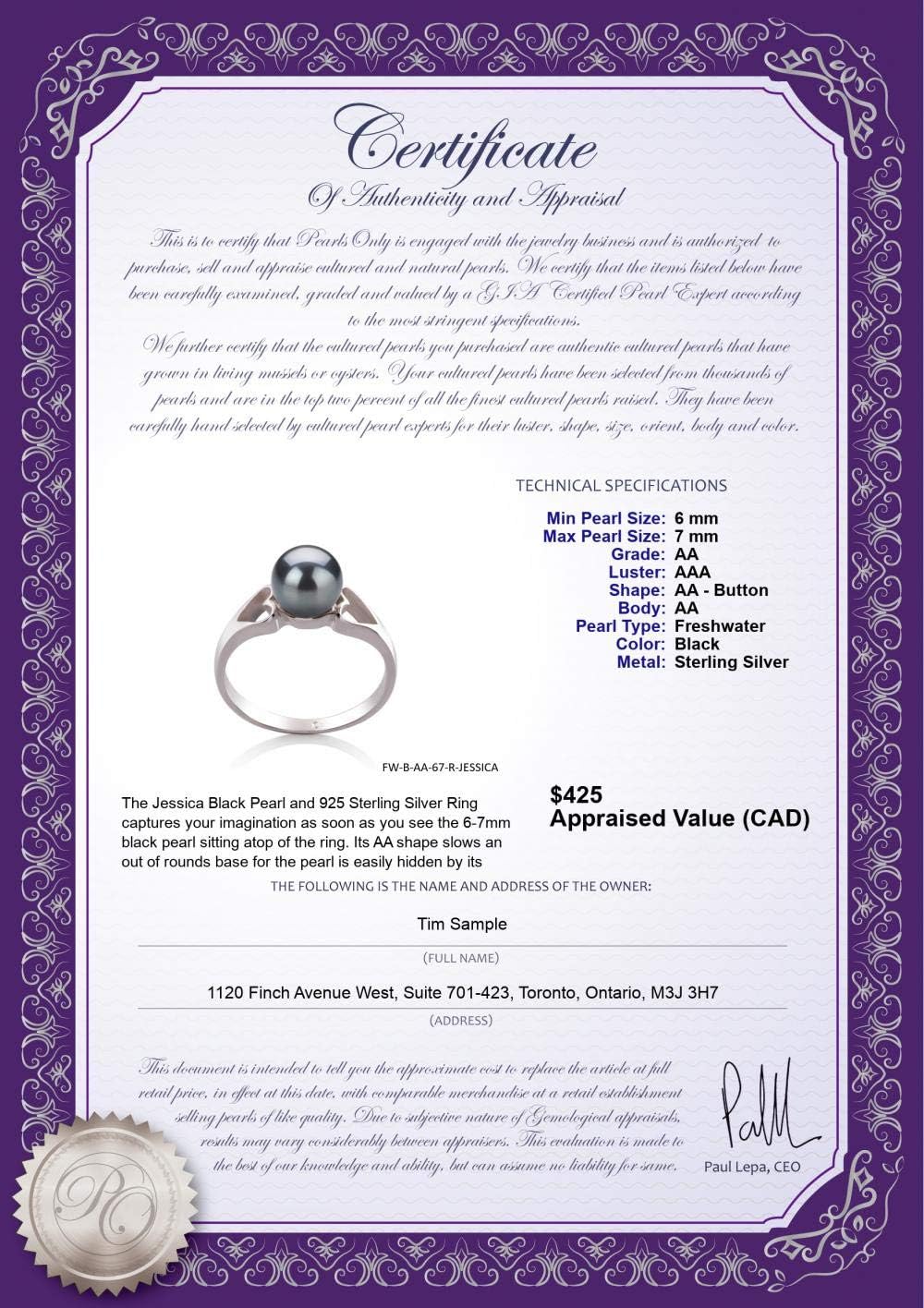 Jessica Black 6-7mm AA Quality Freshwater 925 Sterling Silver Cultured Pearl Ring For Women