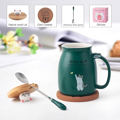 Miniatura 2 de Taza de café de cerámica con tapa de madera de gato Kawaii, encantadora cuchara de acero inoxidable, posavasos de madera gruesa de anime, taza