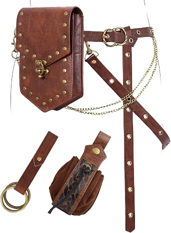 Renaissance Pirate Chain Belt Pouch Set - Medieval Costume Accessories Skirt Hike Faux Leather Waist Bag for Cosplay
