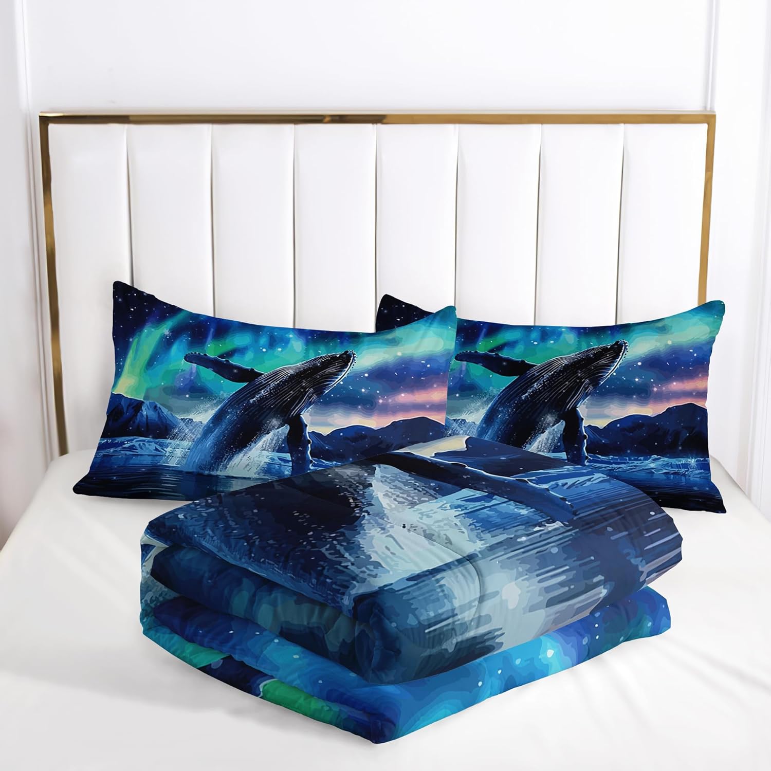 Blue Whale Comforter Set, Fantasy Starry Sky Galaxy Couple Whale Bedding Bedspread for Kids and Adults, Ocean Nautical Sea Animal Pattern Quilt Bedroom Decor with 2 Pillow Cases (JumpingWhale, Queen)