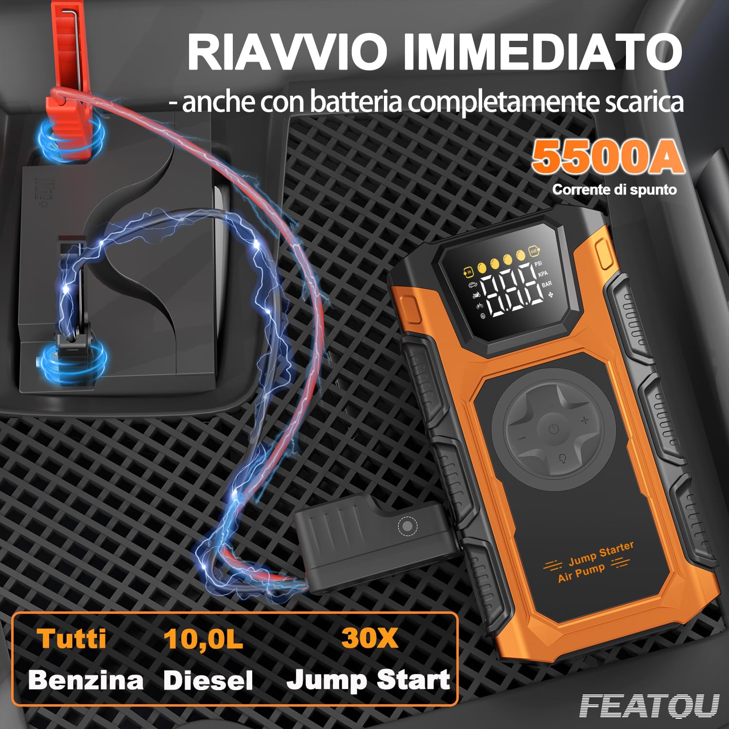 Booster Avviamento Auto con Aria Compressore, 5500A Avviatore Emergenza per Auto(Tutti Gas&10L Diesel), 12 Volt Professionale Starter Batteria Moto Portatile Carica Avviatore Batteria con Torcia, LED