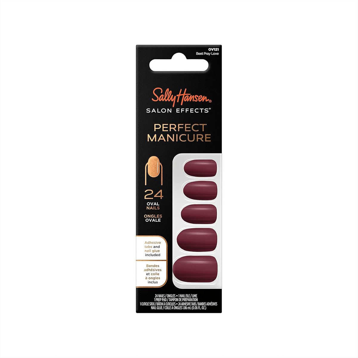 Manicura perfecta Salon Effects®, remolacha reza amor, uñas prensadas, pestañas adhesivas de forma ovalada que no dañan, lima y almohadilla con alcohol incluidos