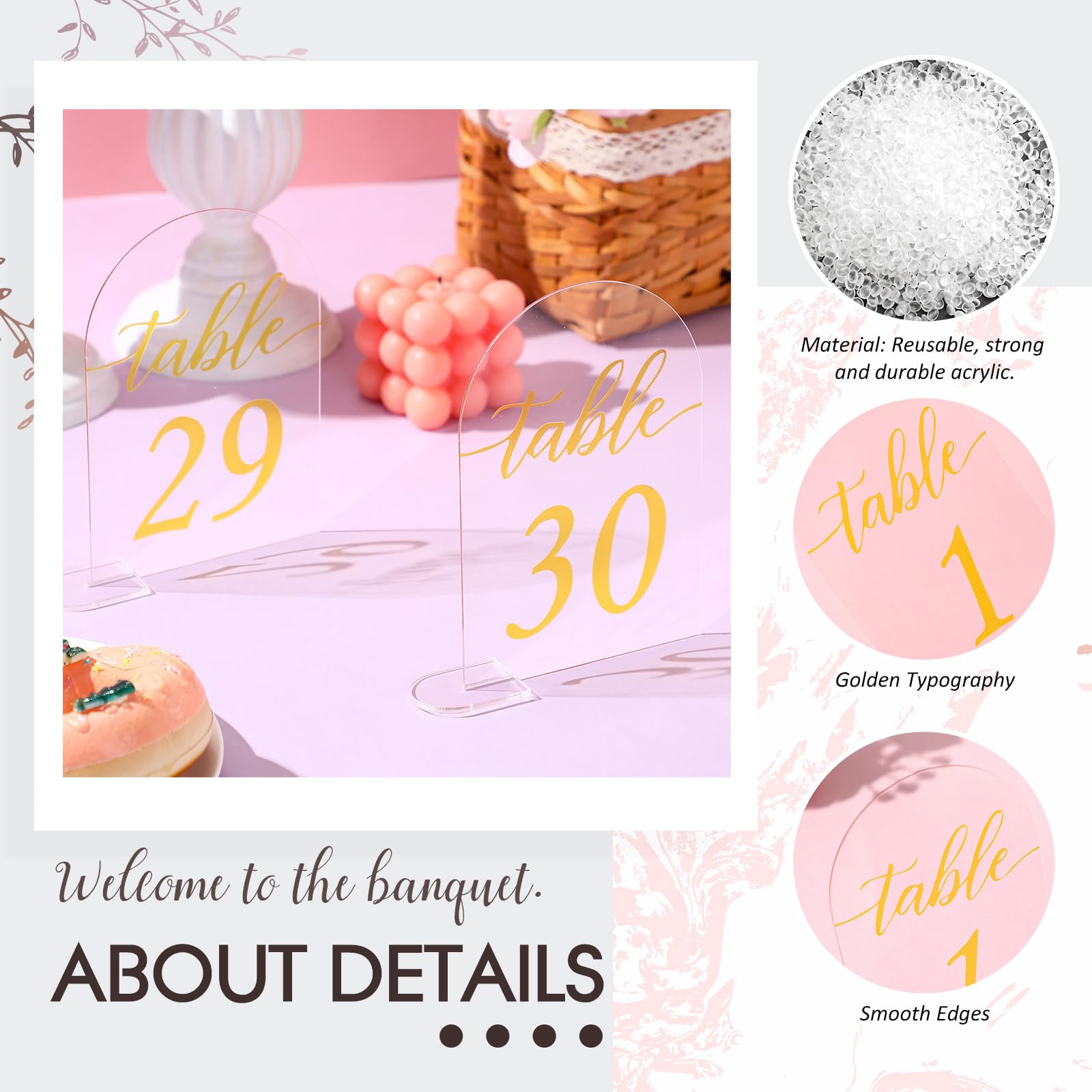 30 Sets Bogen Acrylschild Gold bedruckt 1-30 Tischschilder mit Ständer, Kalligraphie, transparenter Tischnummernständer für Hochzeit, Empfang, Veranstaltung, Party, Restaurant, Tafelaufsatz