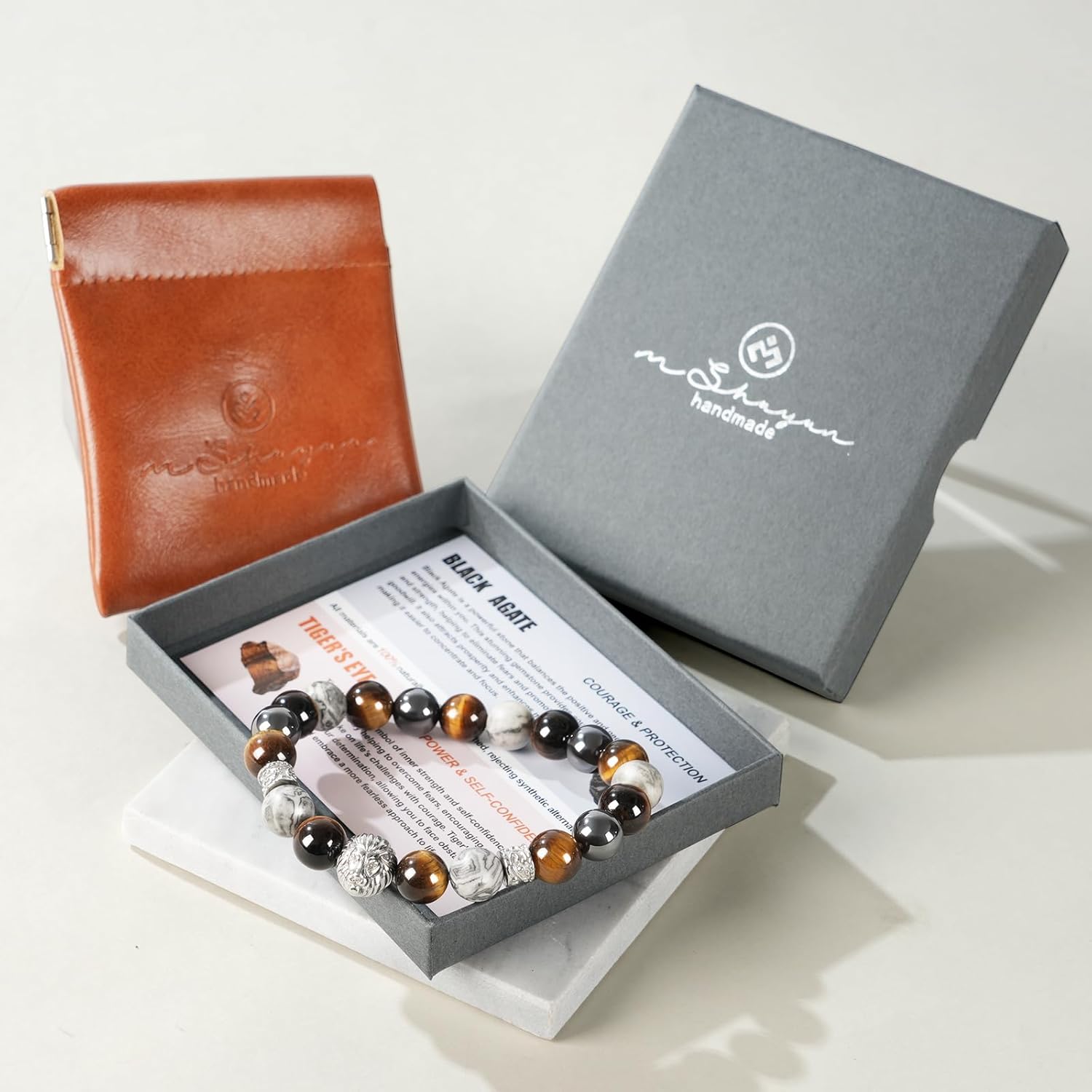 Men's Beaded Bracelet, 10MM Elastic Adjustable Natural Gemstone Bracelet with Stainless Steel Lion Head, Symbolizing Courage & Strength, Gift for Men, Anniversary, Thanksgiving, Christmas, Lapis Lazuli/Map Stone/Terahertz/Hematite/Tiger Eye/Black Onyx/Snowflake Obsidian - Image 6