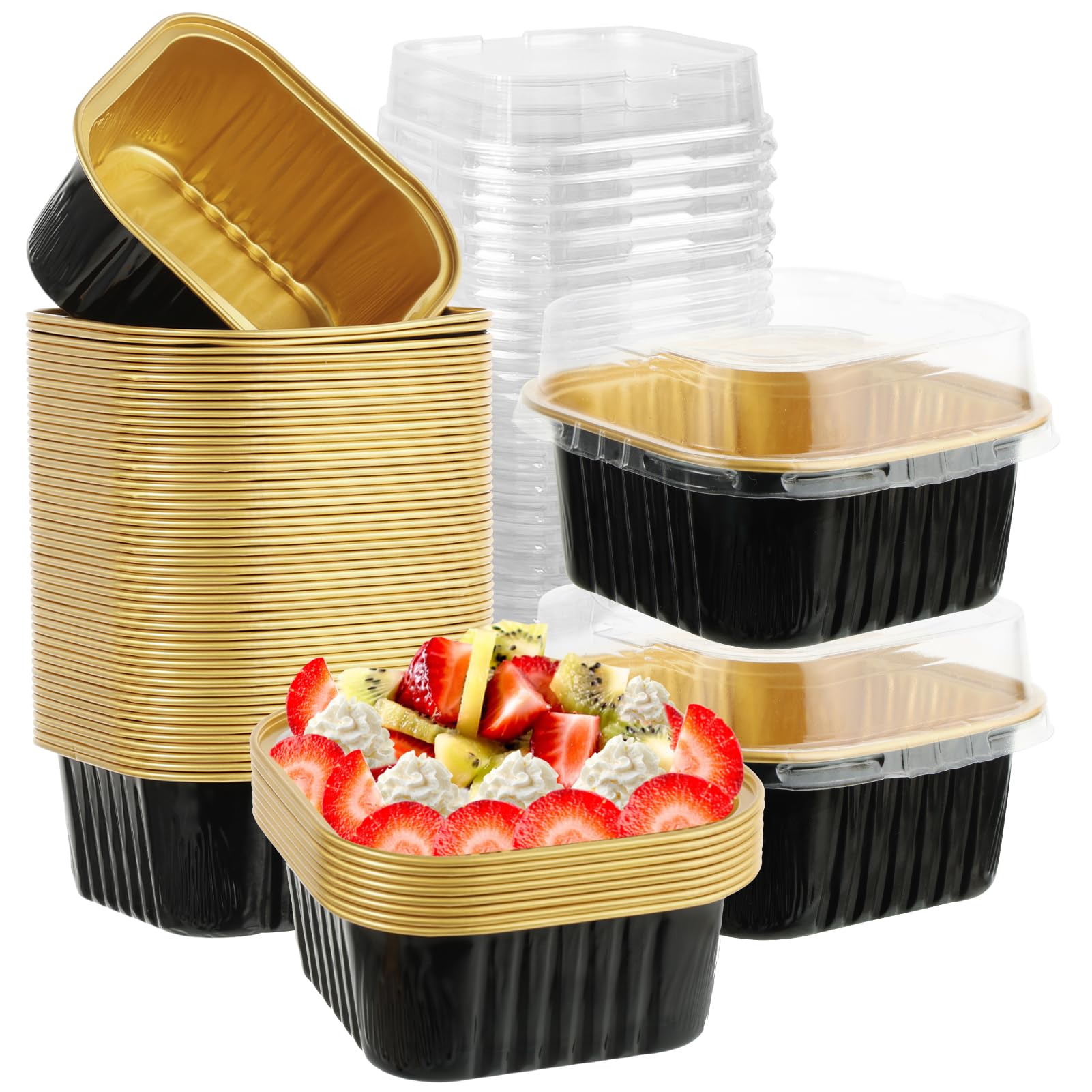 50 Pcs Aluminum Foil Mini Square Baking Cups with Lids,5oz Disposable Ramekins Cake Pans,Cupcake Baking Cups Containers for Bread Muffin Brownie Cheesecake,Black Gold