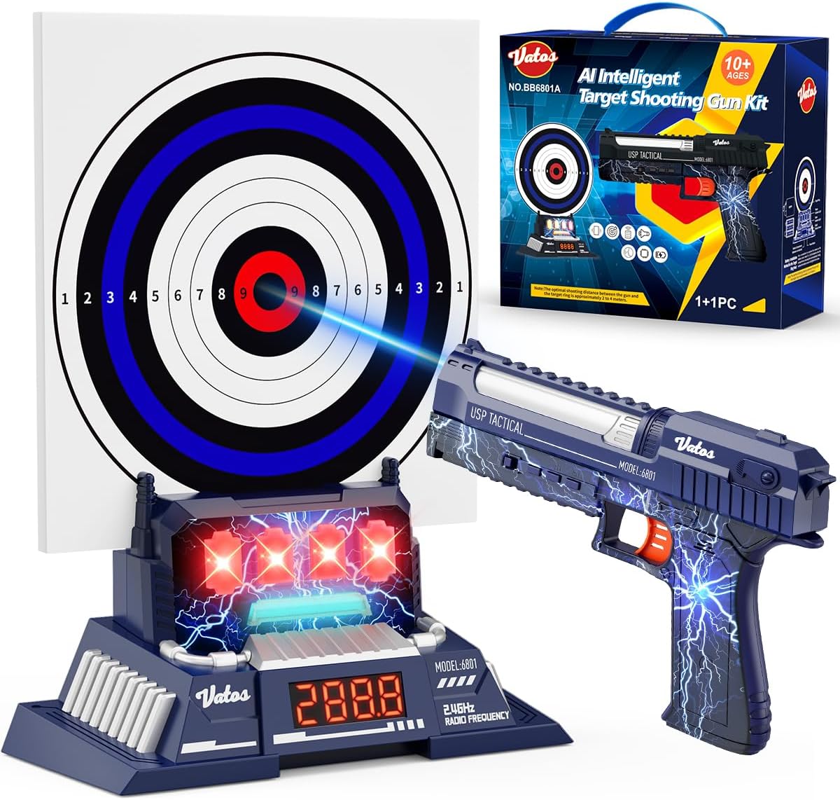 VATOS Smart Electronic Shooting Target Set, 2.4GHz Rechargeable Toy Gun with Auto-Scoring and Real-Time Voice Feedback, 4 Game Modes, Indoor and Outdoor Target Shooting Toy for Kids Age 10+, Teens