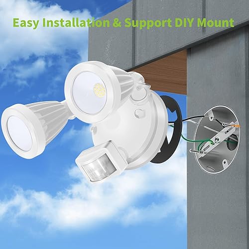 Miniatura 7 de Luces exteriores con sensor de movimiento de 2500 lúmenes, luz de inundación al aire libre con doble cabeza, 5000 K, todo el material de aluminio,