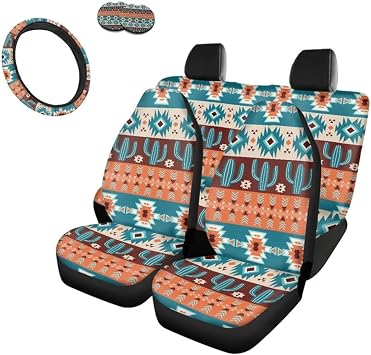Bulopur Orange Car Seat Covers Full Set 7 Pcs Blue Brown Aztec Southwest Cactus Style for Women Men Comfortable Stretch Universal Interior Cat Accessories Decoration Fit for Car Sedan SUV