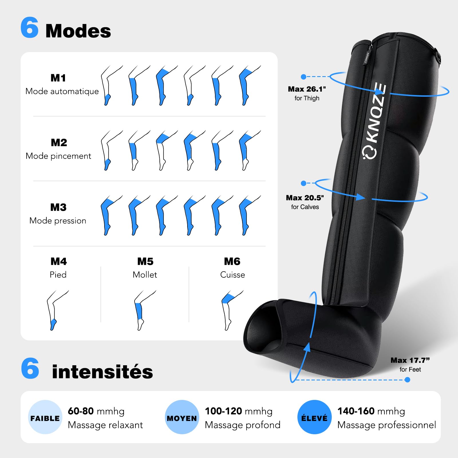 Appareil de Massage des Jambes par Compression d'air 6 Modes 6 Niveaux d'intensité pour Circulation Sanguine