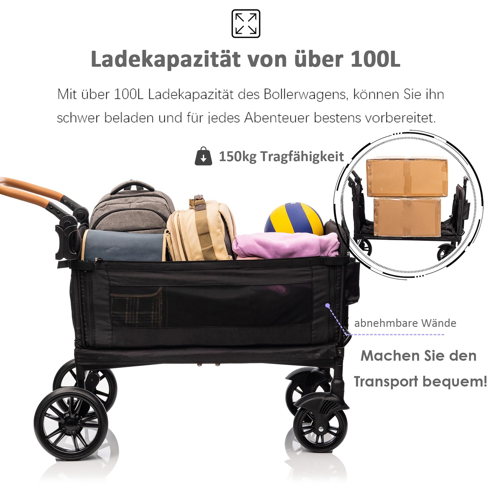 vickey Carrello pieghevole con tetto, 2 bambini, 150 kg, carrello cargo, pieghevole, con manico scorrevole, Duo, resistente agli urti, ruote in poliuretano con freni, portabevande, 100 l, nero