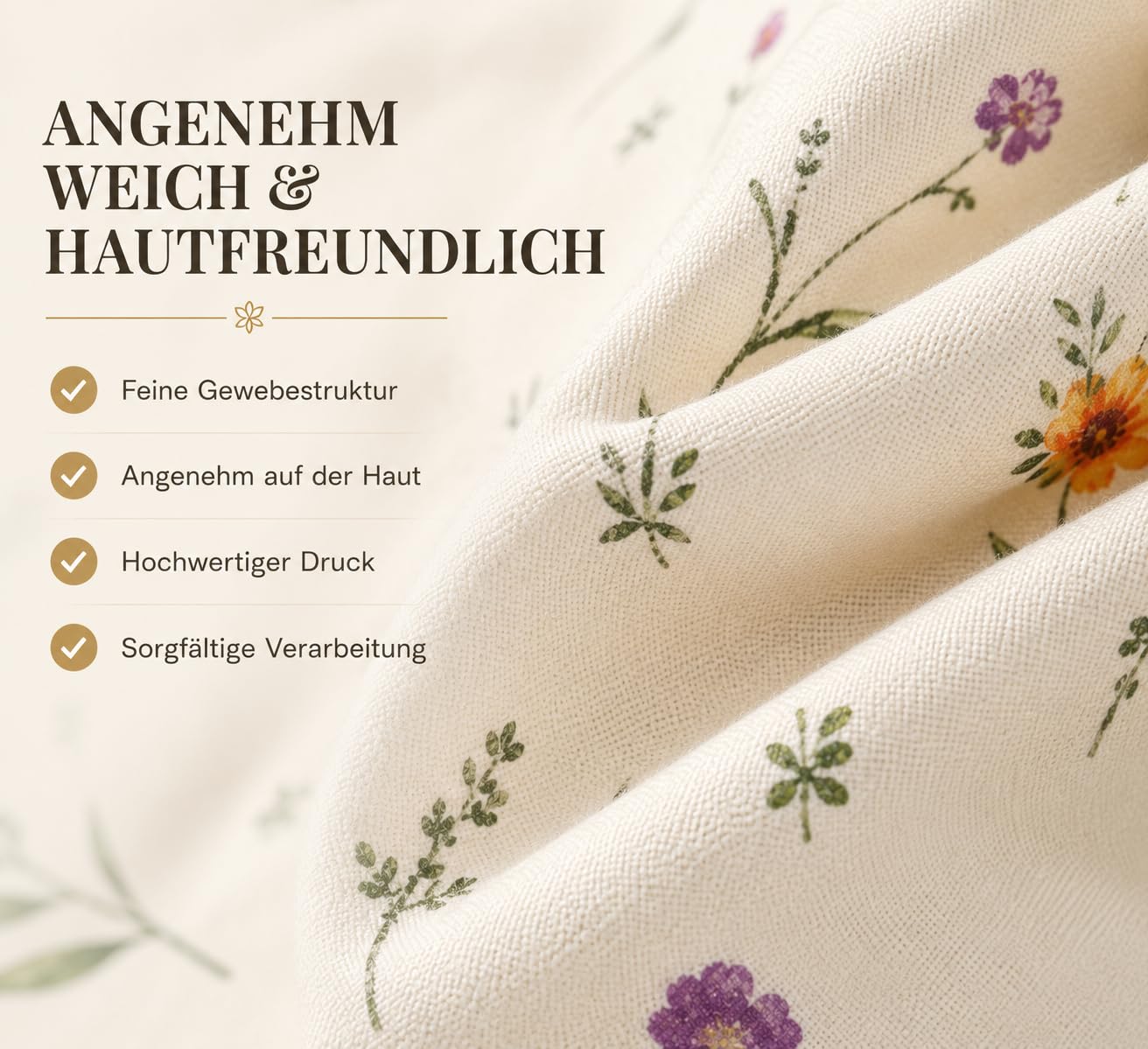 Leonado Vicenti Bettwäsche 4 teilig 135x200 Baumwolle Renforcé Creme Blumen Wendebettwäsche mit Reißverschluss