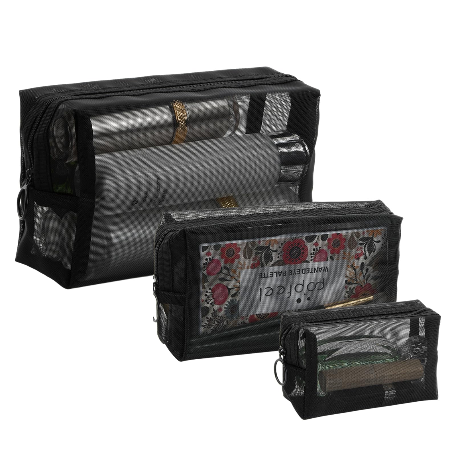 Colexy Juego de 3 Neceser de Maquillaje de Viaje, Malla Bolsa de Aseo Cosméticos, Portátiles Bolsa de Artículos de Tocador de Viaje con Cremallera para Mujer y Hombre (Transparente Negro)