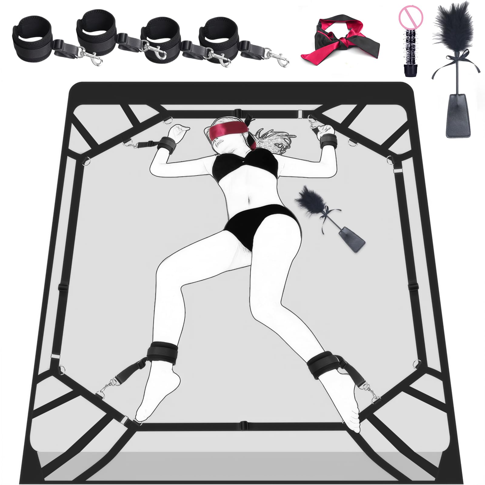 Qoosea Kits de Bondage SM, BDSM Ensemble de Bondage de Contention de Lit Réglables Sexuel Jouets, Érotique Bondage Adulte Sex Toys avec Menottes Masque pour Les Yeux pour Débutants et Couples Jeux