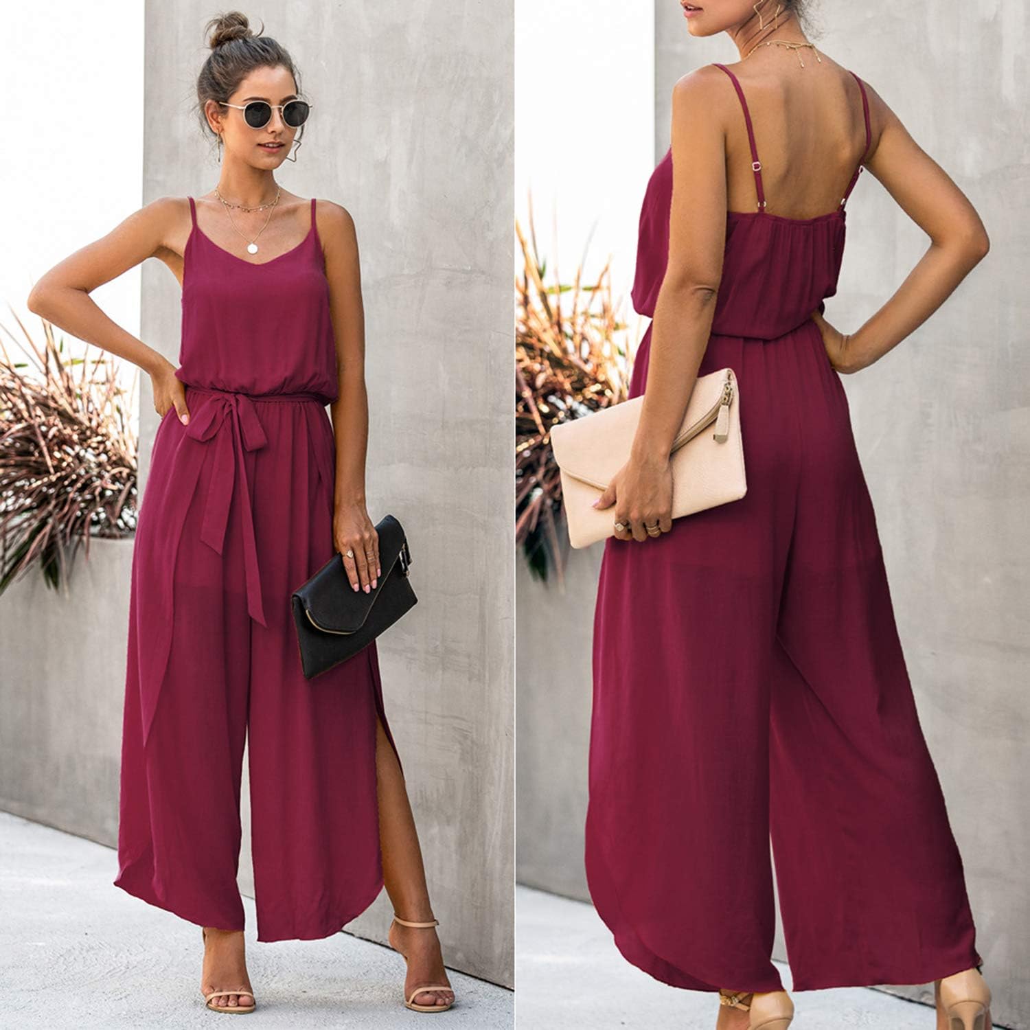 ECOWISH Womens Jumpsuit Spaghetti Strap Wide Leg Split Jumpsuits Long Overalls Summer Beach Loose Fit Rompers…