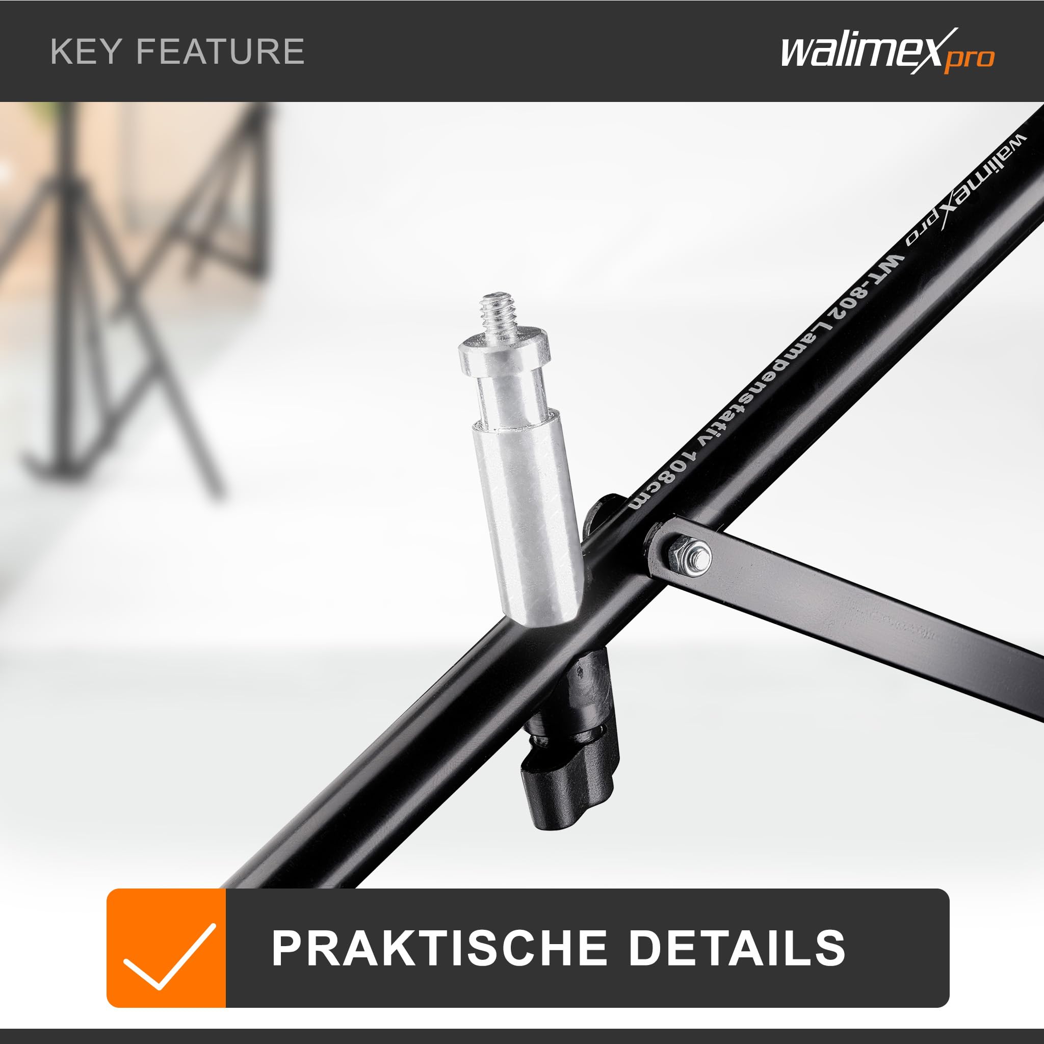 Walimex WT-802 Lampenstativ 108 cm, höhenverstellbares Lichtstativ belastbar bis 2,5 kg, Studiostativ mit 5/8 Zoll Spigot, Blitzstativ mit 1/4 und 3/8 Zoll Gewinde