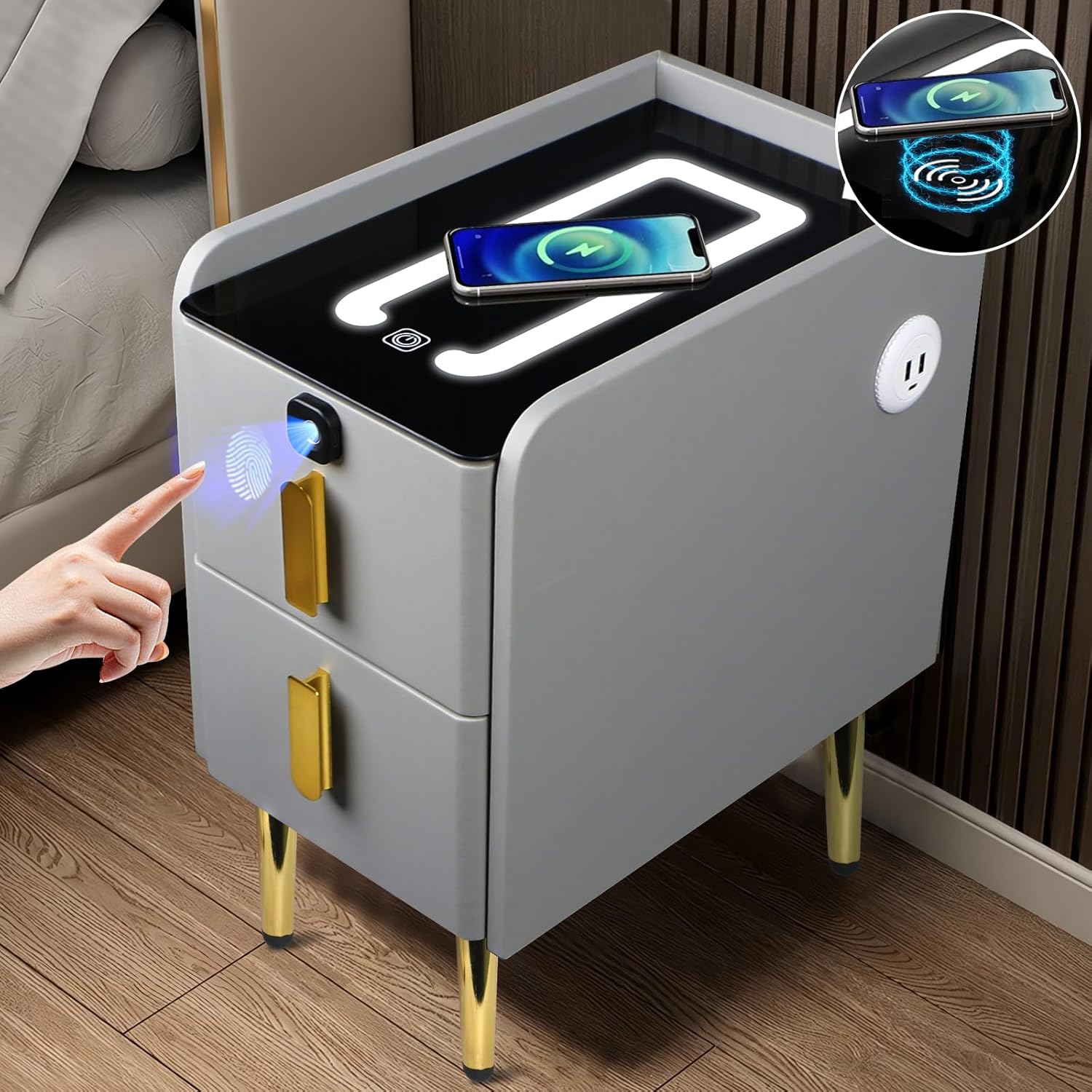 Fingerprint Nightstand with Wireless Charging & Adjustable LED Light - 10" W×16" D×19" H Narrow Nightstand with Charging Station, Leather Bedside Table with Tempered Glass Top, 2 Drawers, Gray