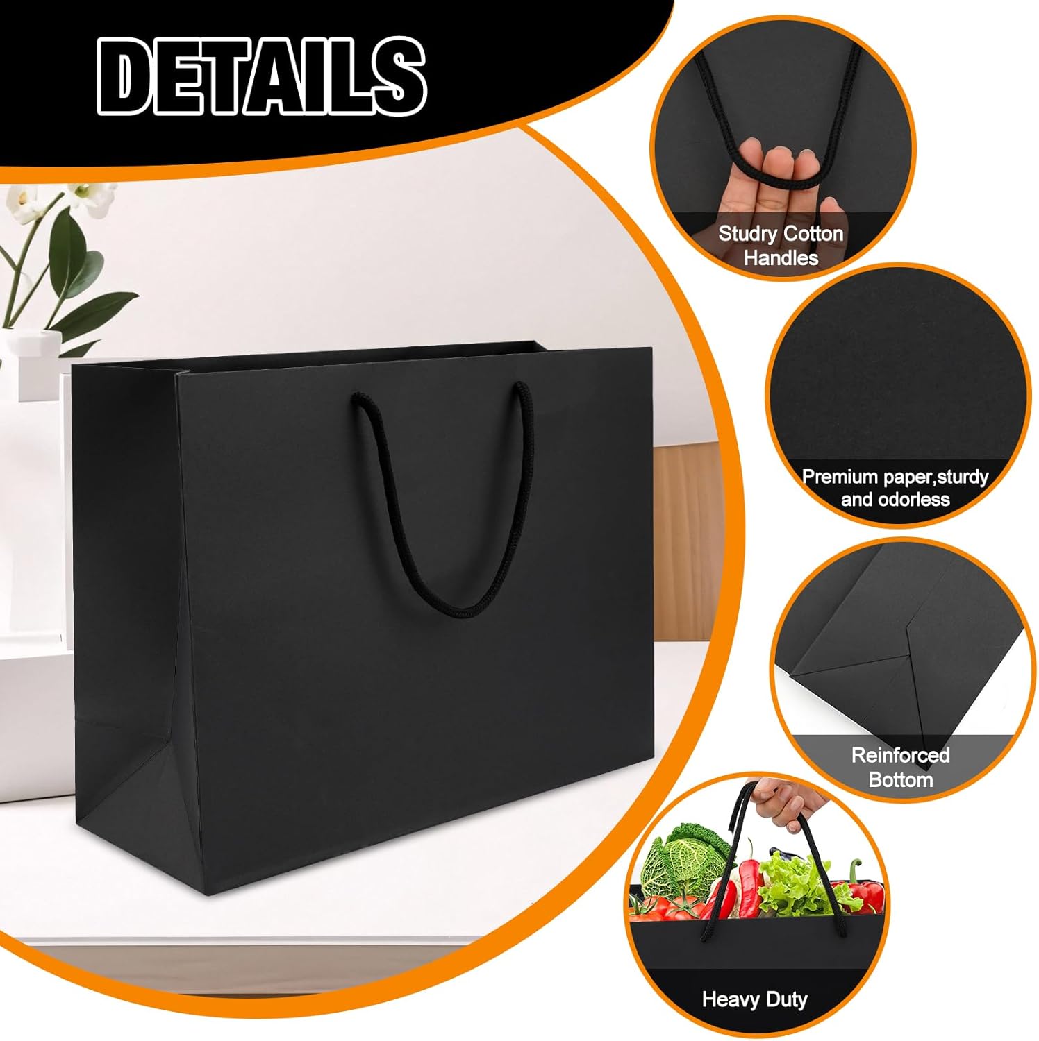 MUIIGOOD Gift Bags With Handles Paper Gags Medium Bulk For Party Shopping Birthday Wedding (3Pcs Black-35 * 26 * 13cm) - Image 4