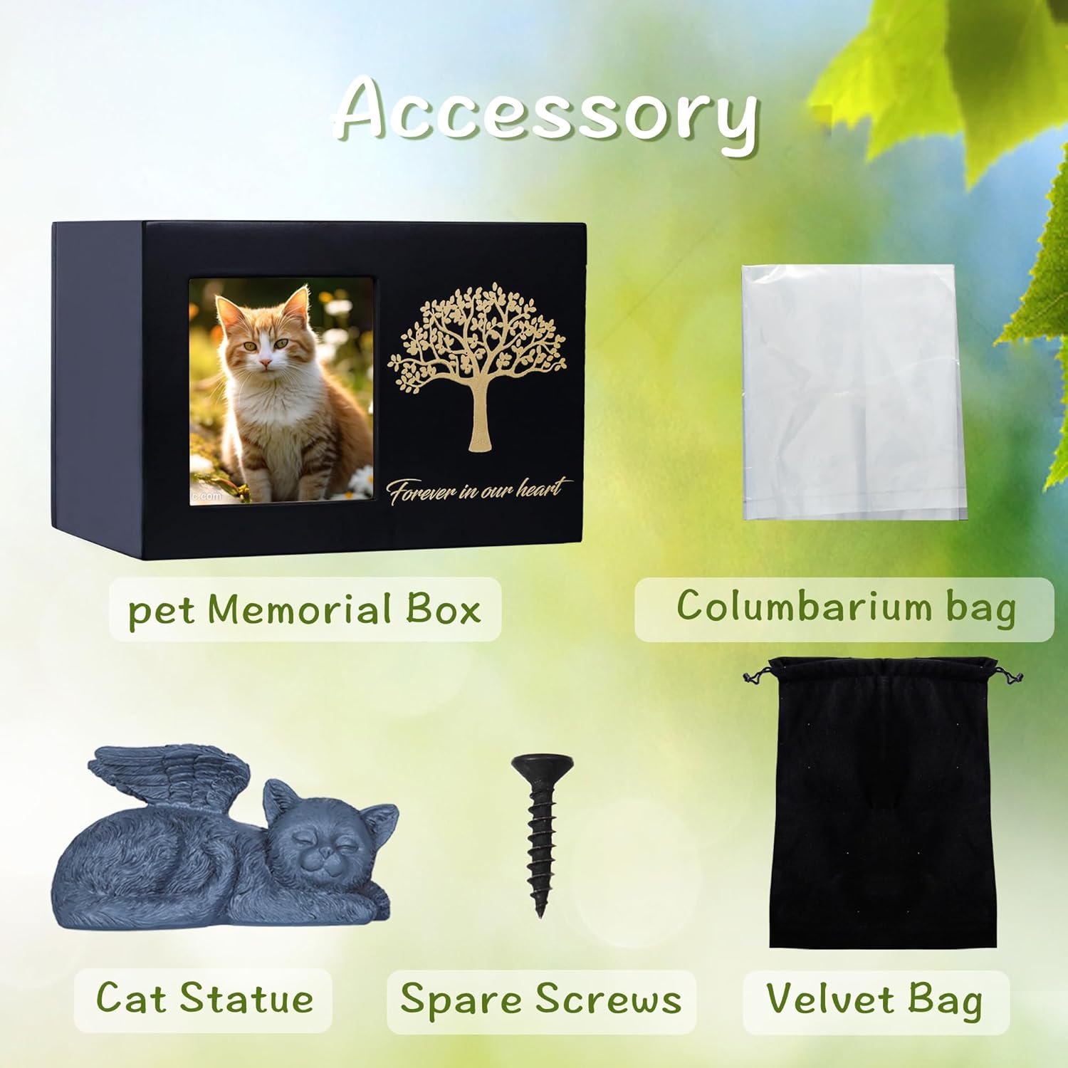 Cat Urns for Ashes, Tree Pattern Wooden Keepsake with Photo Frame, Pet Urn Memory Box with Resin Animal Statue and Sealed Storage Bags (75lbs)（Black）
