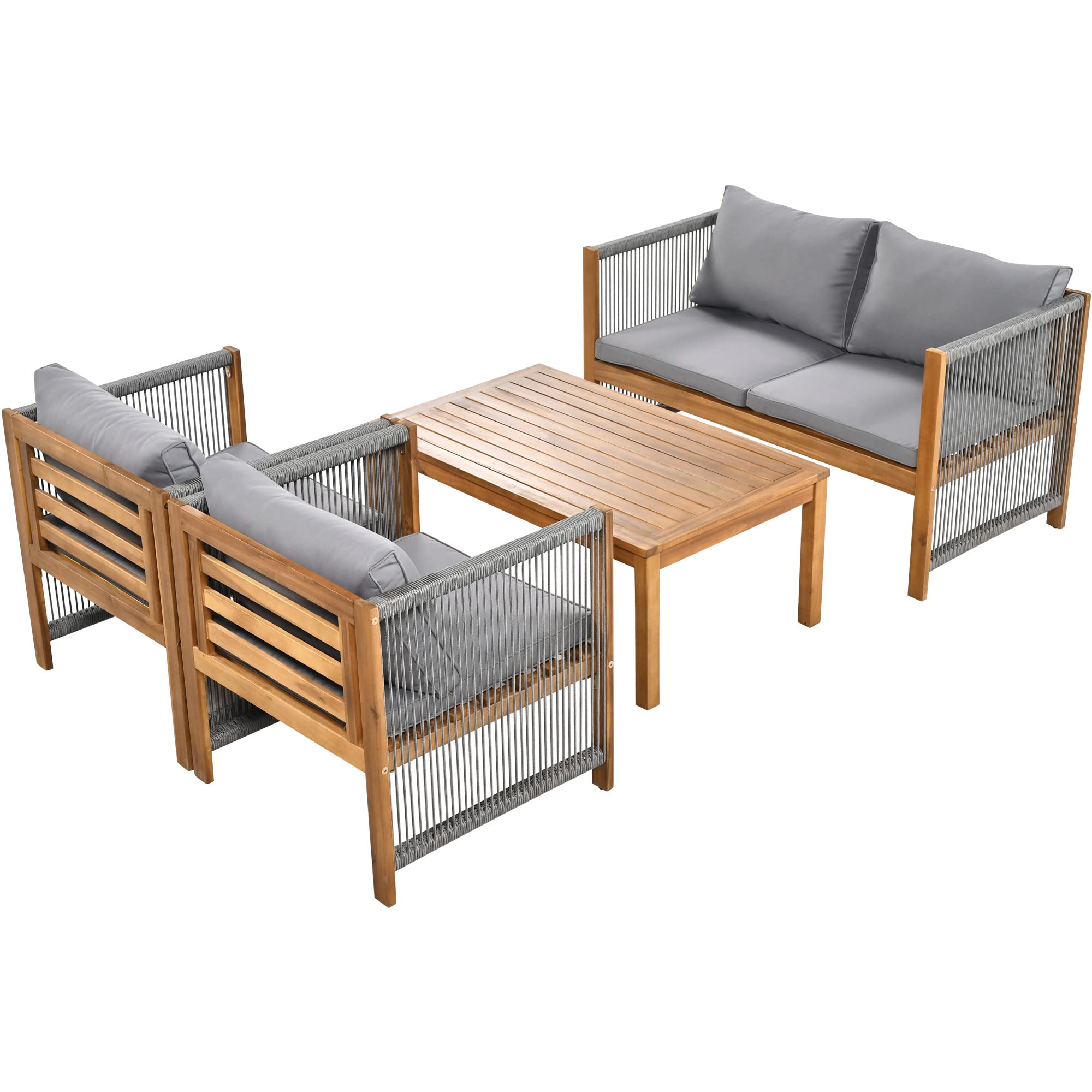 Kayan Set di mobili da giardino in polyrattan per 4 persone, set di mobili da terrazza con comodi cuscini, set di mobili da terrazza, divano doppio, 2 poltrone e tavolo, grigio