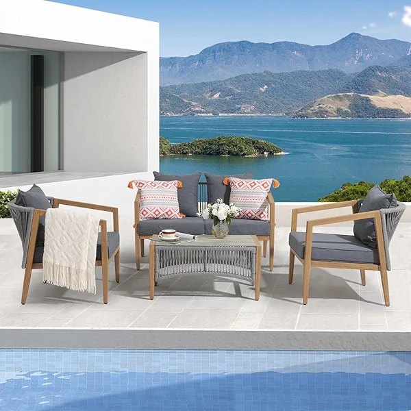 JOIVI Aluminum Outdoor Patio Furniture Set, 4 Pieces Patio Conversation Sets with Wood Grain Finish, Rope Patio Sofa Set for 4 with Loveseat, Couch and Coffee Table, for Deck, Backyard, Porch