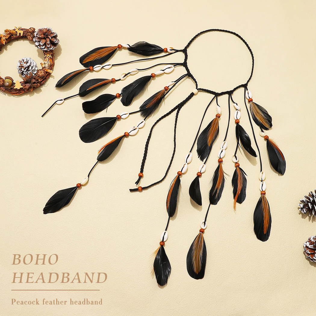 Fashband Fascia per capelli indiana con piume, stile bohémien, hippie, tribale, festival, accessorio per capelli da donna (nero, taglia unica