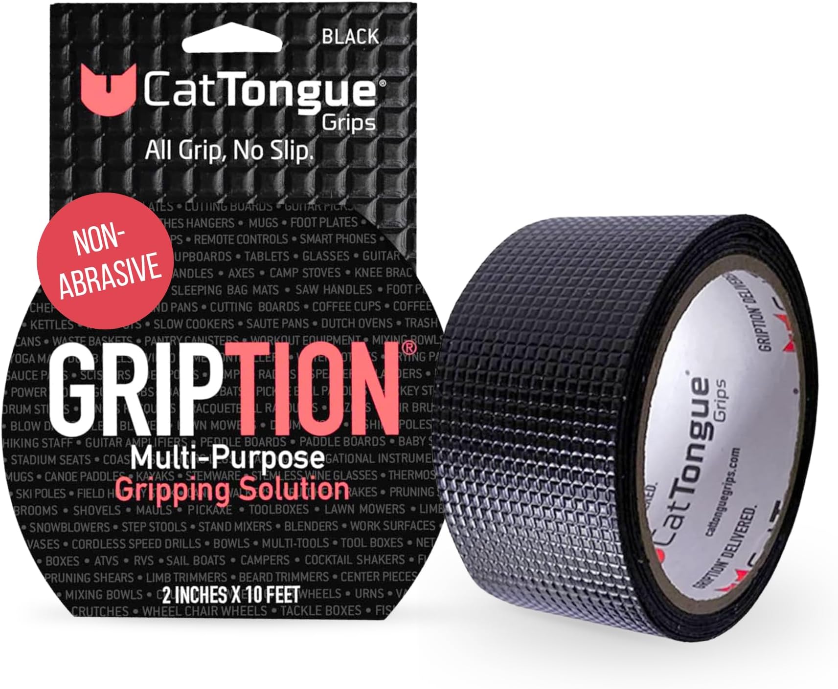 CATTONGUE GRIPS 2" x10' Grip Tape Roll, Non-Abrasive, Waterproof, Black