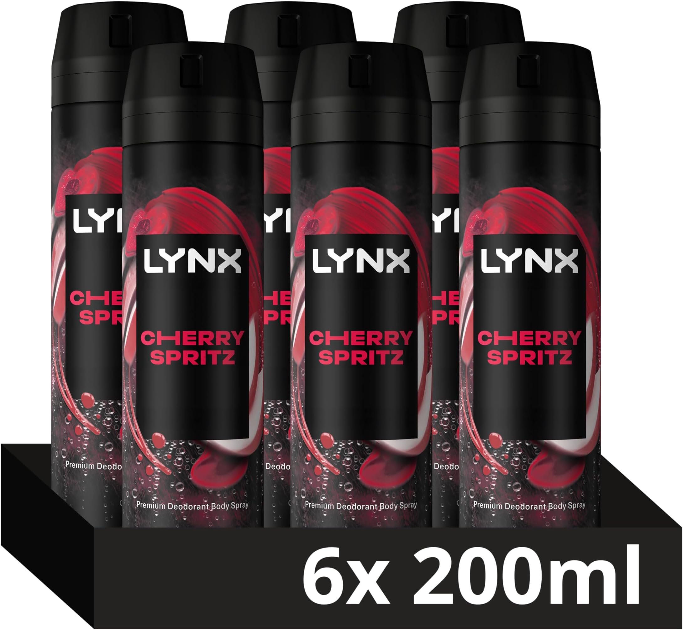 Lynx Fine Fragrance Collection Cherry Spritz Premium Body Spray 200ml, 6 Pack - 72H Odour Protection Deodorant Aerosol, Infused with Essential Oils & Long-lasting Scents