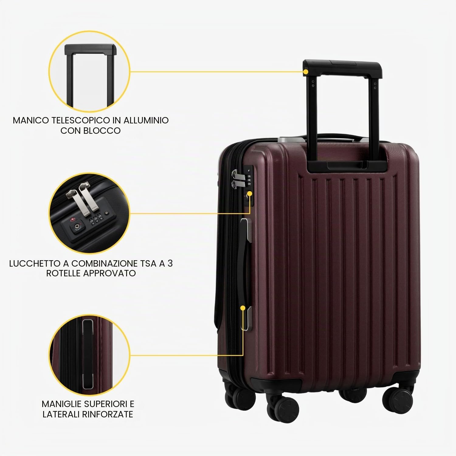 LEVEL8 Valigia Bagaglio a Mano 55CM Espandibile Valigia Trolley Rigido Ultra Leggero in ABS+PC Valigie con Chiusura TSA e 4 Ruote Doppie Girevoli, 55x37x25CM, 42L, Rosso