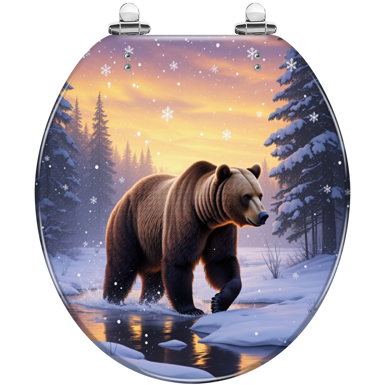Asiento de inodoro redondo de resina con diseño de oso grizzly para baño.