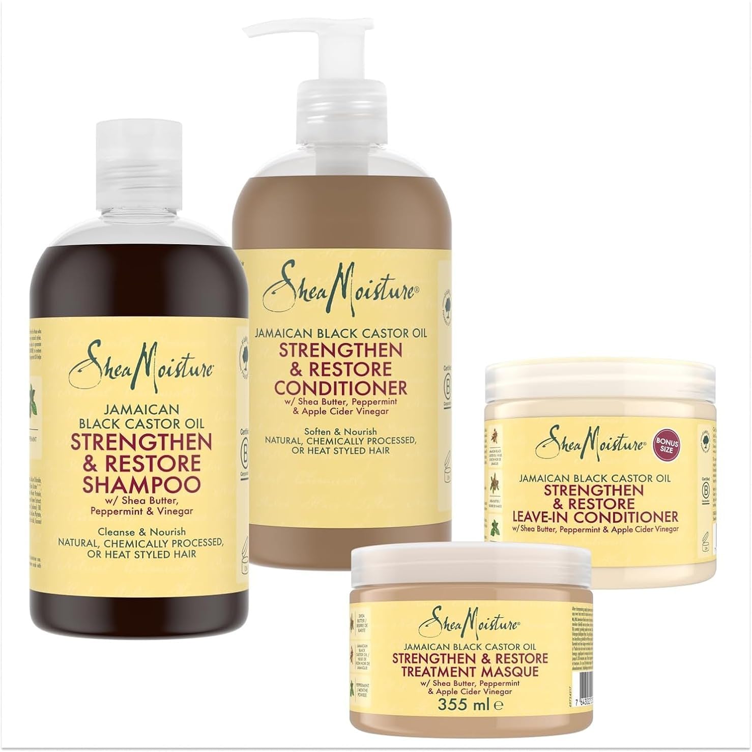 SheaMoisture Set - Olio di ricino nero giamaicano set per la cura dei capelli Shampoo 1x 384 ml, Balsamo 1x 384 ml, Maschera Intensiva 1x 355 ml, Leave-In 1x 431 ml#