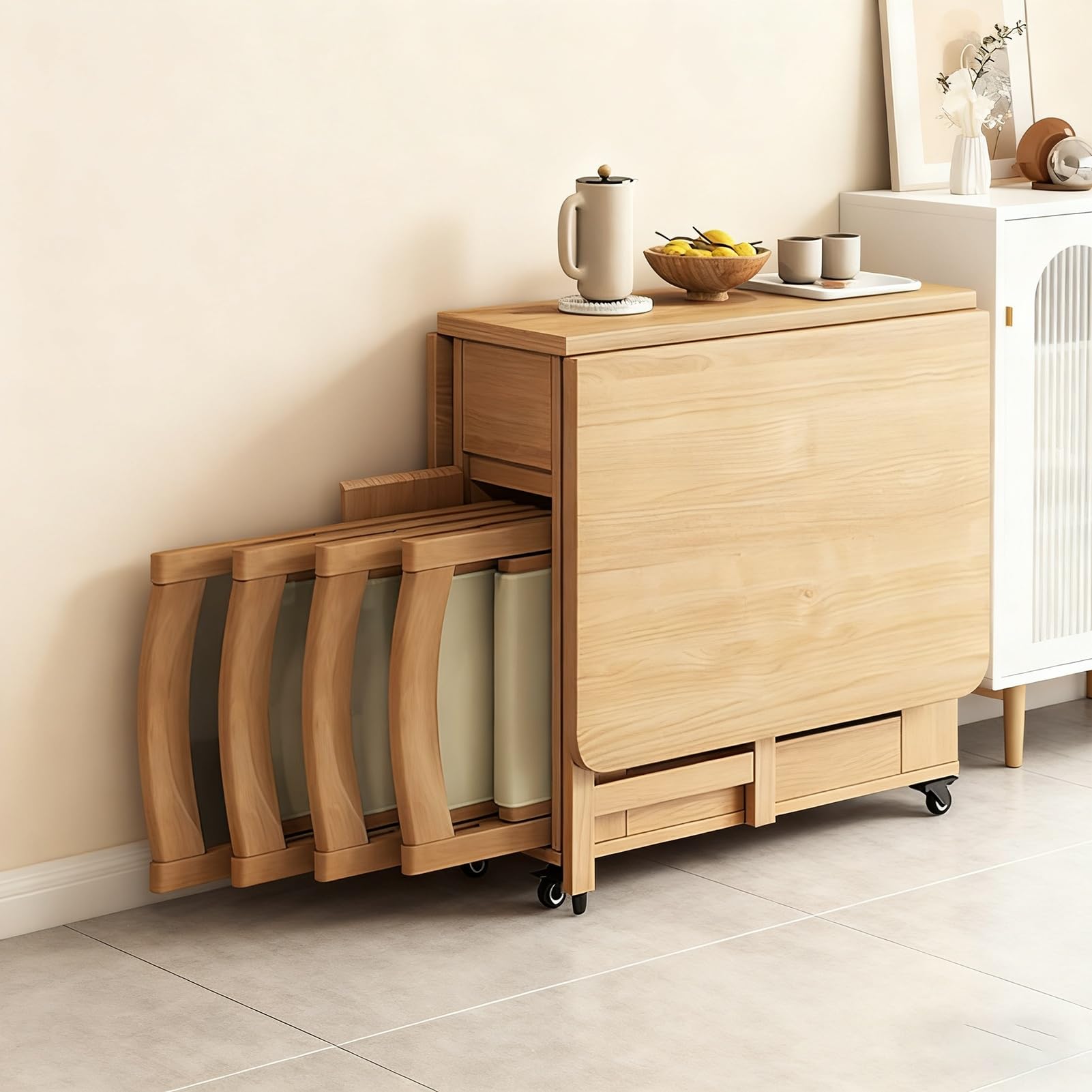 Tavolo pieghevole in legno massello, Set tavolo da pranzo con 4 sedie, Cassetto portaoggetti, bancone della cucina per la sala da pranzo di casa, il soggiorno, salvaspazio