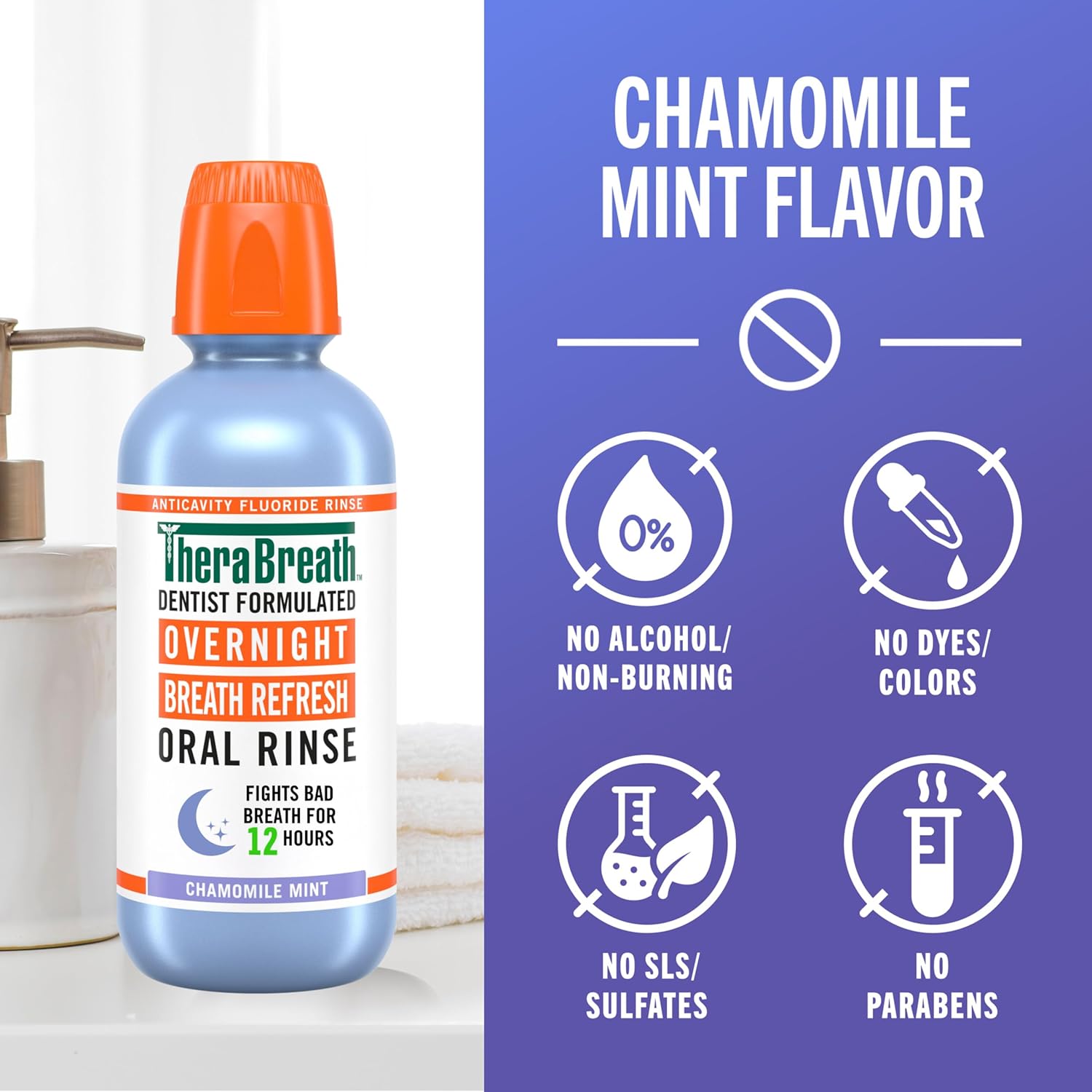 TheraBreath Overnight Mouthwash, Fights Bad Breath for 12 Hours, Chamomile Mint Flavor, Dentist Formulated, Fluoride Rinse, Alcohol Free, 16 fl oz (Pack of 2) - Image 6