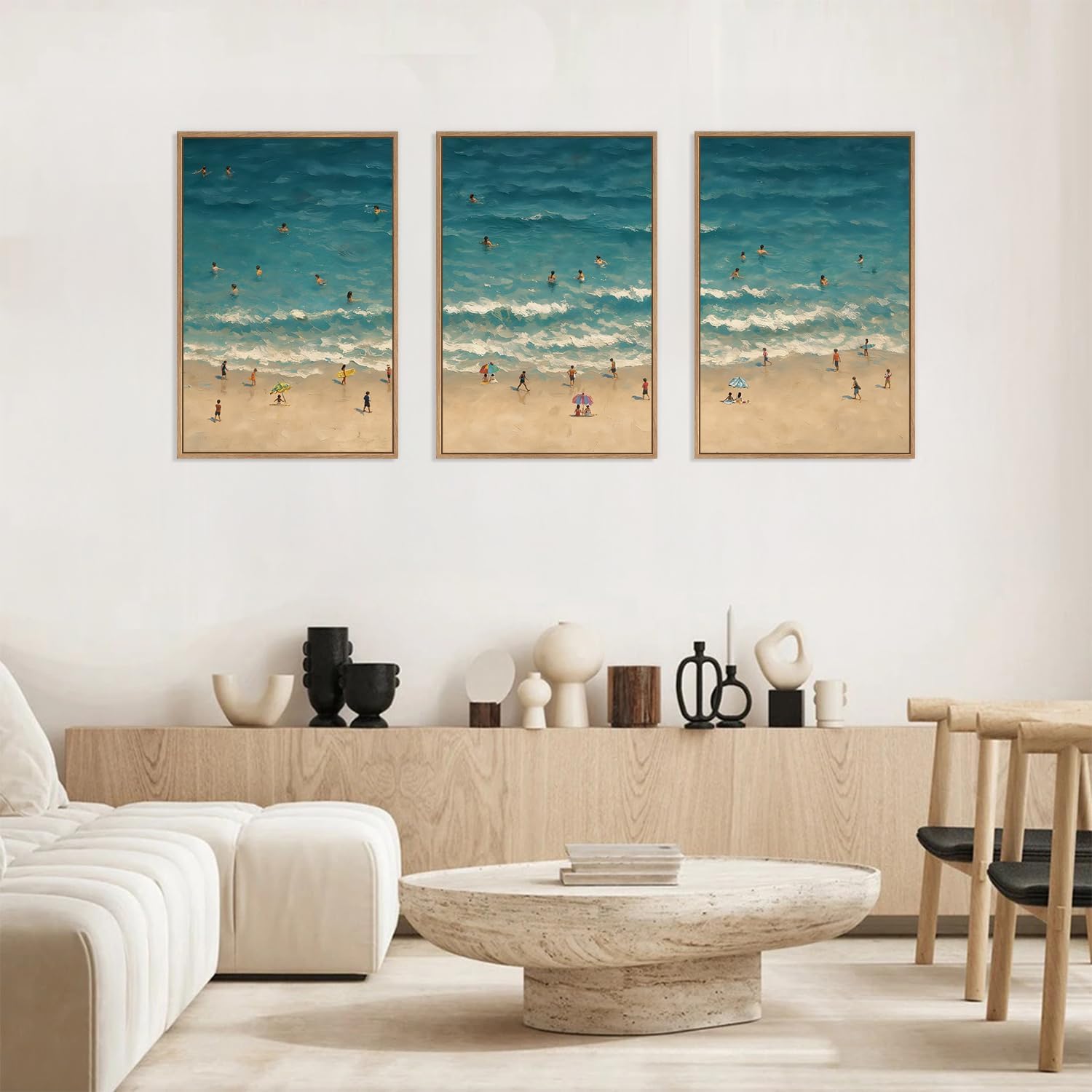 HLNIUC Summer Beach Canvas Wall Art,Modern Minimalist Coastal Landscape Wall Decor Set of 3(16”x24”) Blue Abstract Ocean Painting, Summer Swimming in the Sea Art Print for Living Room,Bathroom