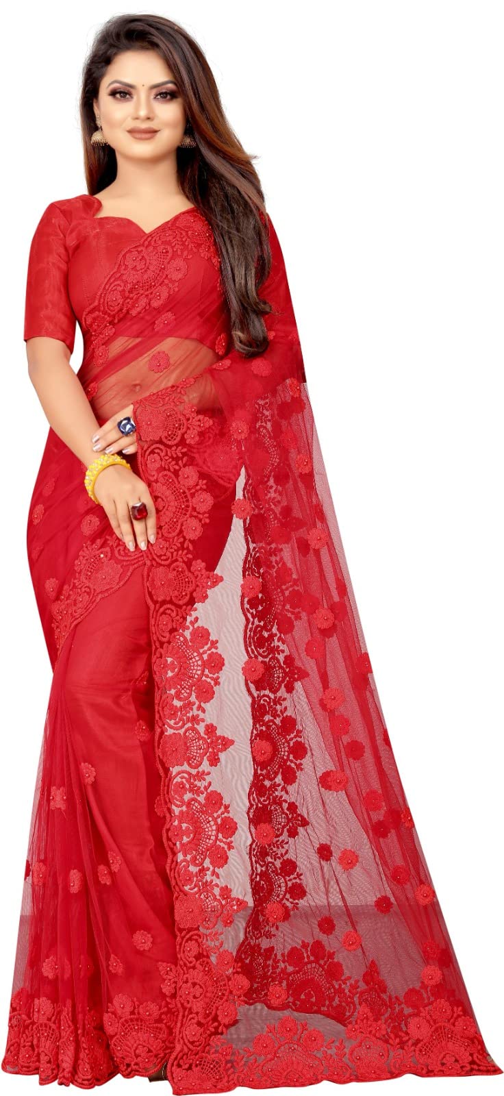 Viraj enterprises Embroidered Bollywood Net Saree with blouse Color - Red