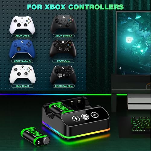 Miniatura 7 de DINOSTRIKE Paquete de 2 baterías de controlador de 6200 mWh, recargables compatibles con Xbox One, estación de carga RGB, cable USB C extendido
