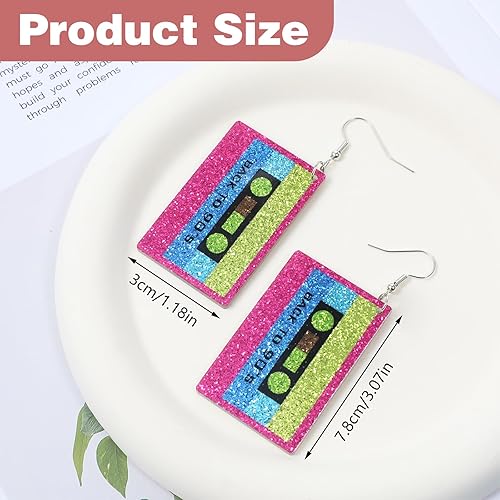 Miniatura 2 de Neon Earrings 80s 90s Earrings for Women Retro Acrylic Cassette Tape Style Radio Drop Earring Neon Jewelry for 80s90s Halloween Cosplay Glow Party